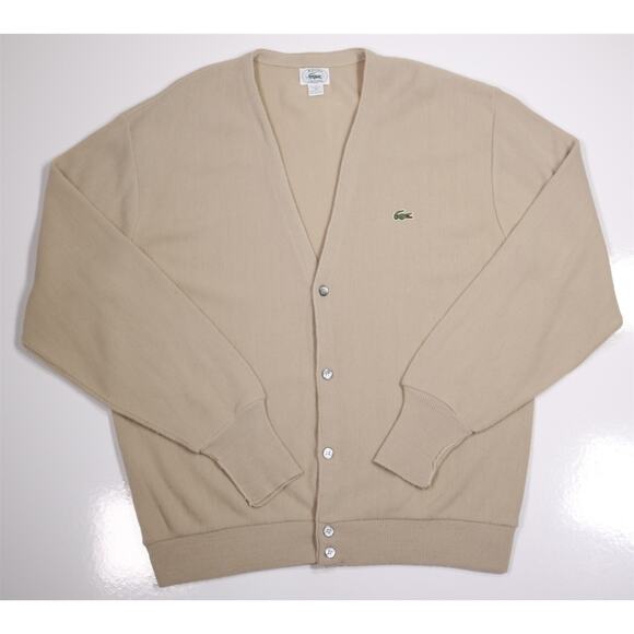 Izod Lacoste Vintage Beige Acrylic Alligator Cardigan Sweater Mens XL - Picture 1 of 6